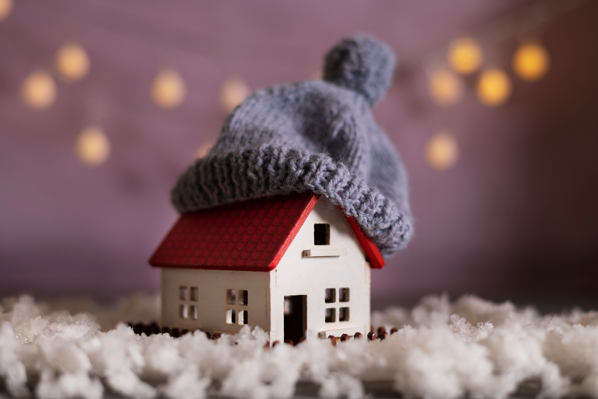 A miniature house model wearing a woolen hat, representing protection from winter.